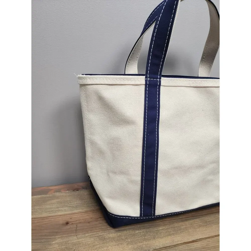 L.L.BEAN Vintage Zip Top Boat and Tote Medium Natural Navy Canvas 16x12 USA - Picture 4 of 16
